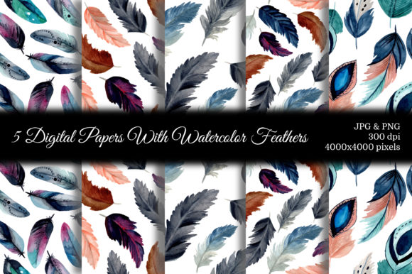 5 Seamless Pattern Watercolor Feathers