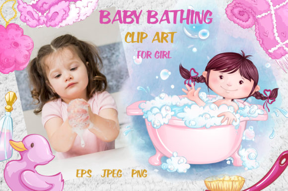 Baby Bathing for Girls Illustrations: A Versatile Graphic Design Asset