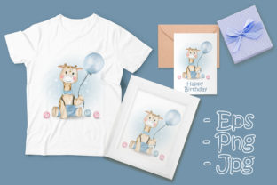 Baby Giraffe Holding Balloon with Balls Illustrations