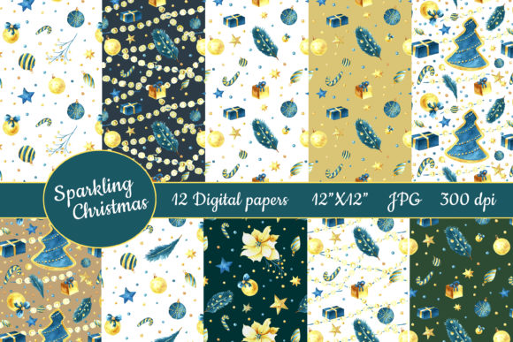 Christmas Watercolor Digital Paper. 12 Patterns