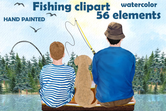 Fishing Clipart, Boy and Dad Fishing Illustrations