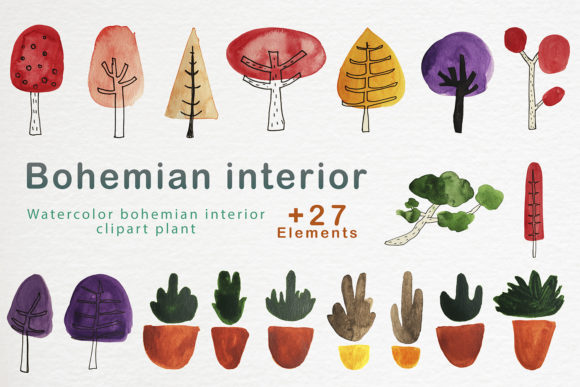 Watercolor Bohemian Interior Clip Art and Patterns