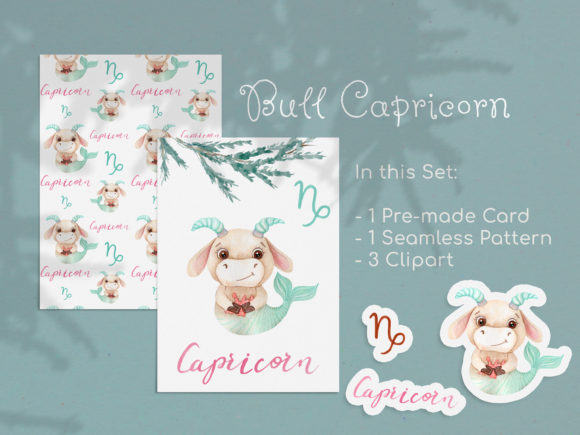 Watercolor Capricorn Zodiac Bull Clipart & Patterns