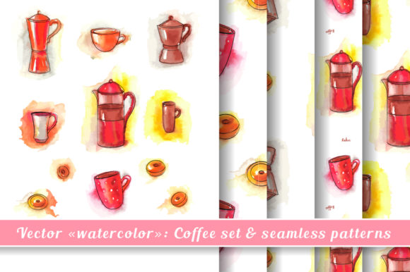 Watercolor Coffee Set and Patterns