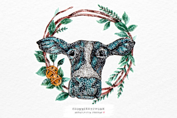 Watercolor Cow with Wreath for Crafts and Small Business Branding