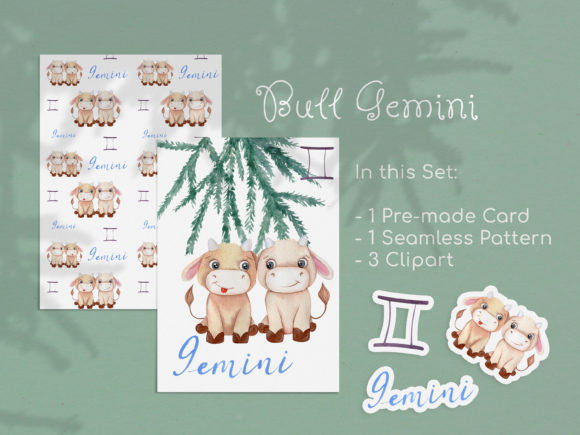 Watercolor Gemini Zodiac Bull Clipart and Patterns