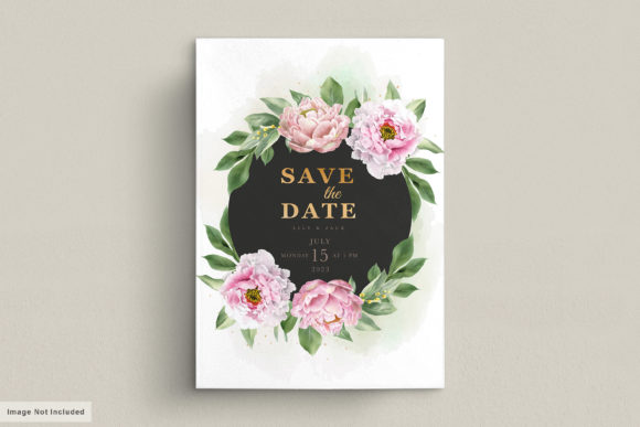 Watercolor Peonies Invitation Card Set for Print Templates