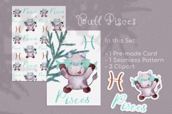 Watercolor Pisces Zodiac Bull Clipart and Patterns