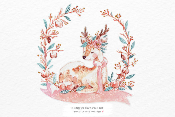Watercolor Reindeer in a Wreath for Crafts